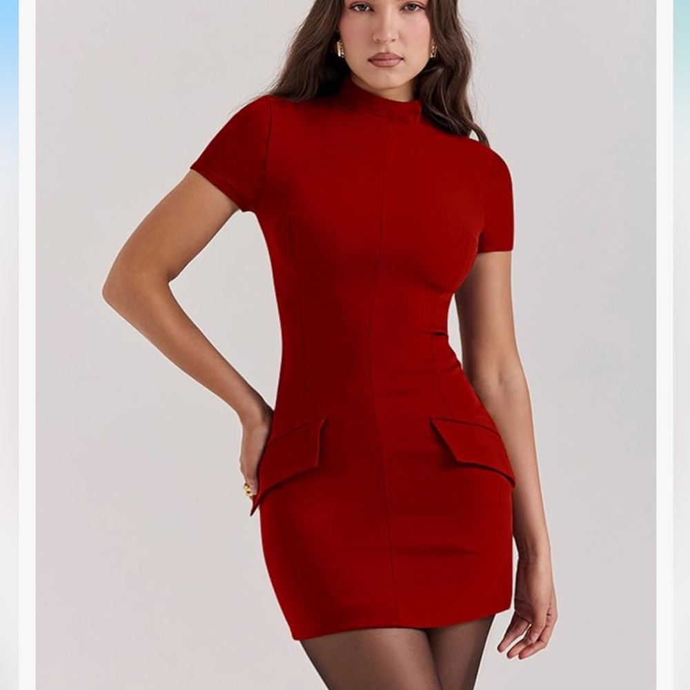 YMDUCH Women's Short Sleeve Mock Turtle Neck Bodycon Mini Tank Short Party Dress